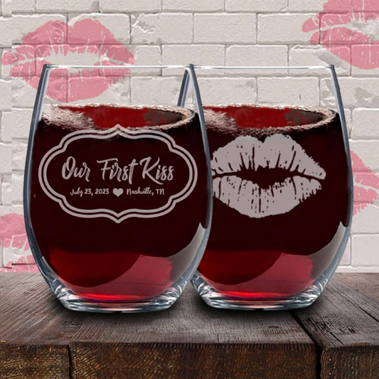 First Kiss Stemless Wine Glass